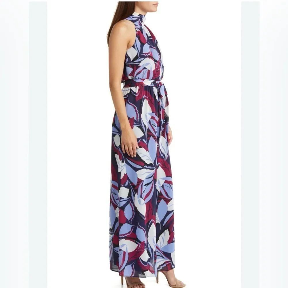 NEW! Eliza J Blue Print Tie Waist Wide Leg Jumpsuit 6